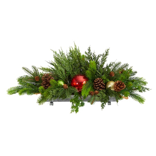 24" Cedar Pine, Pinecones & Ornaments Artificial Christmas Arrangement in Tin Vase